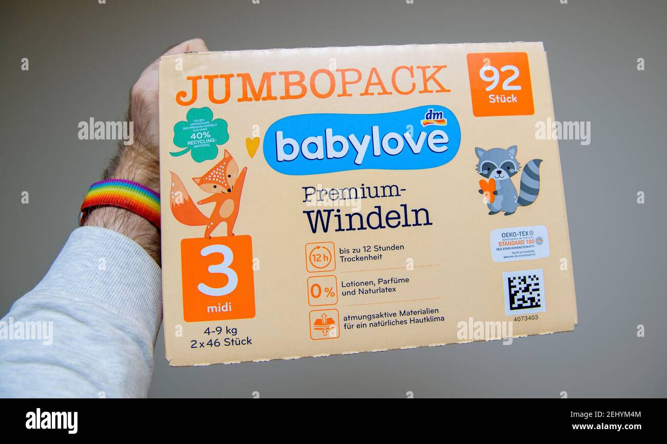 Strasbourg, France - Jan 16, 2021: POV personal perspective man holding new  Jumbo Pack Babylove premium diapers pampers sold by Drogerie Markt DM store  Stock Photo - Alamy