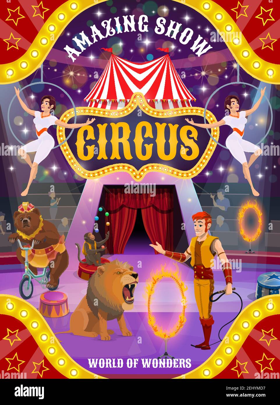 Circus animal show and acrobat performance vector poster. Lion, bear ...
