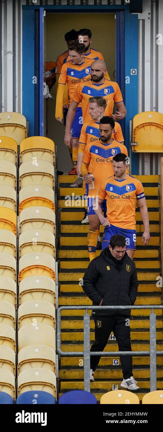 Mansfield Town's manager Nigel Clough leads his side out before the second half of the Sky Bet League Two match at the One Call Stadium, Mansfield. Picture date: Saturday February 20, 2021. Stock Photo