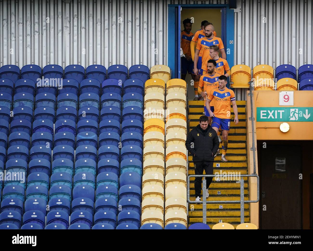 Mansfield Town's manager Nigel Clough leads his side out before the second half of the Sky Bet League Two match at the One Call Stadium, Mansfield. Picture date: Saturday February 20, 2021. Stock Photo