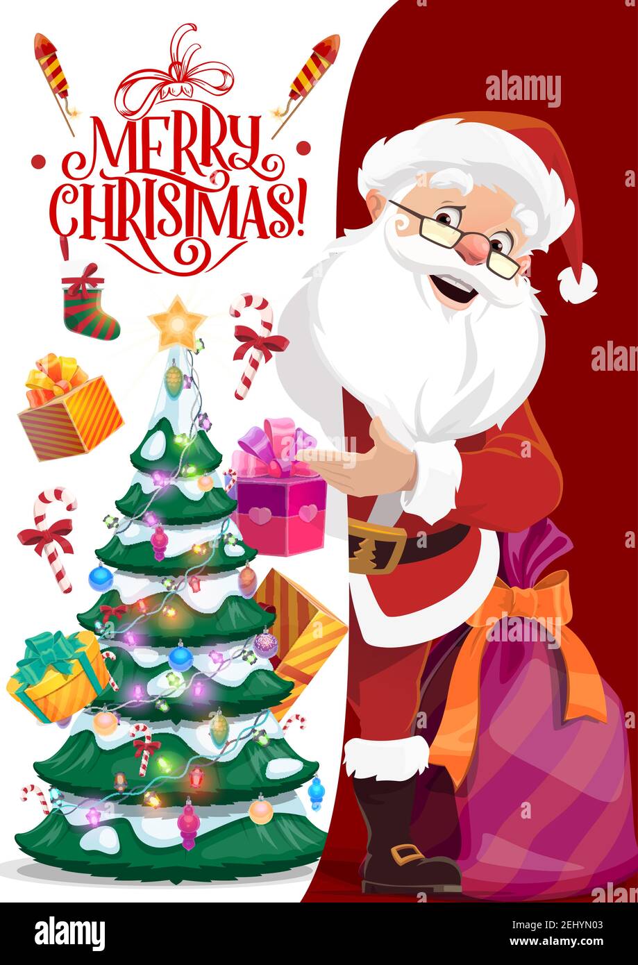 Santa Claus and paper with Merry Christmas wishes, vector Xmas ...
