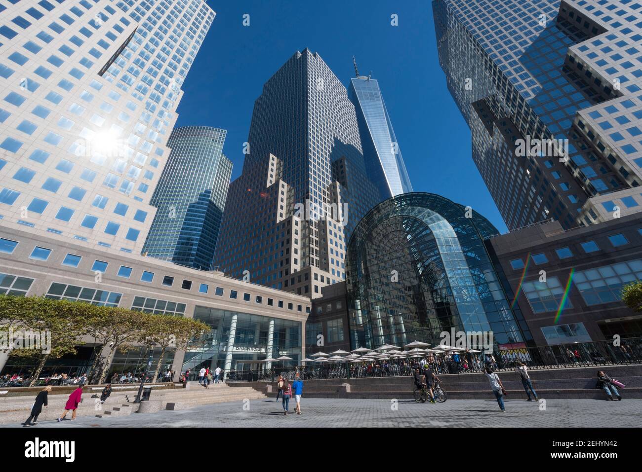 High-rise buildings stand under the blue sky in Brookfield Place (World Financial Center) at Lower Manhattan New York City NY USA. Stock Photo