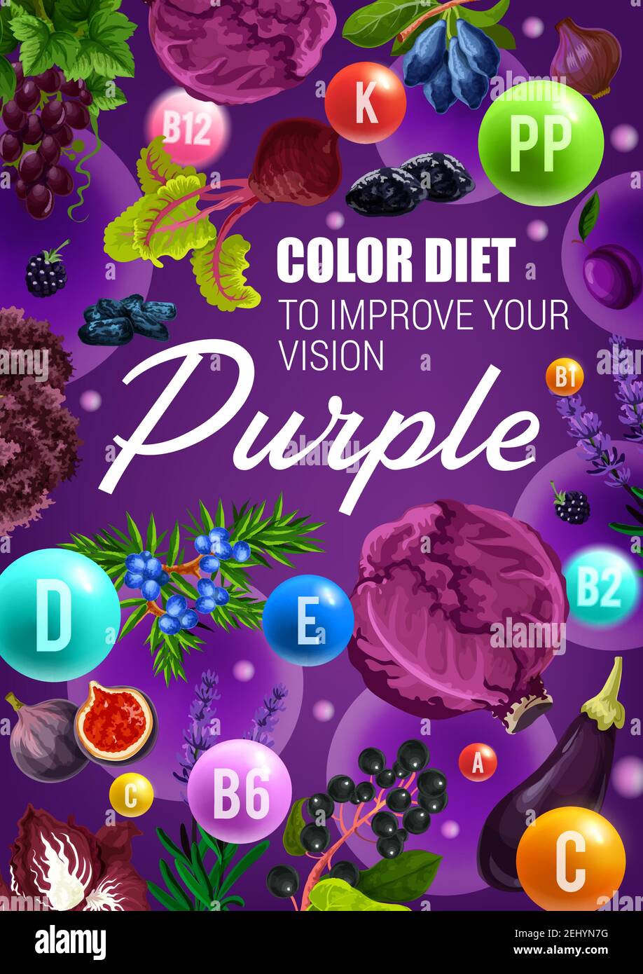 Color diet vegetarian food and eye health vitamins in purple berries, vegetables and fruits. Blueberry, cabbage and fig, grapes, plum and honeysuckle, Stock Vector