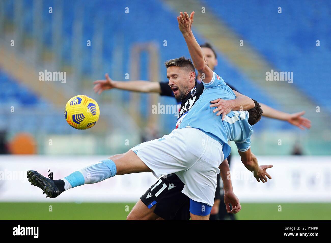 Gaston Ramirez of Sampdoria (L) fights for the ball with Lucas Leiva of Lazio (R) during the Italian championship Serie A football match between SS Lazio and UC Sampdoria on February 20, 2021 at Stadio Olimpico in Rome, Italy - Photo Federico Proietti / DPPI / LM Stock Photo