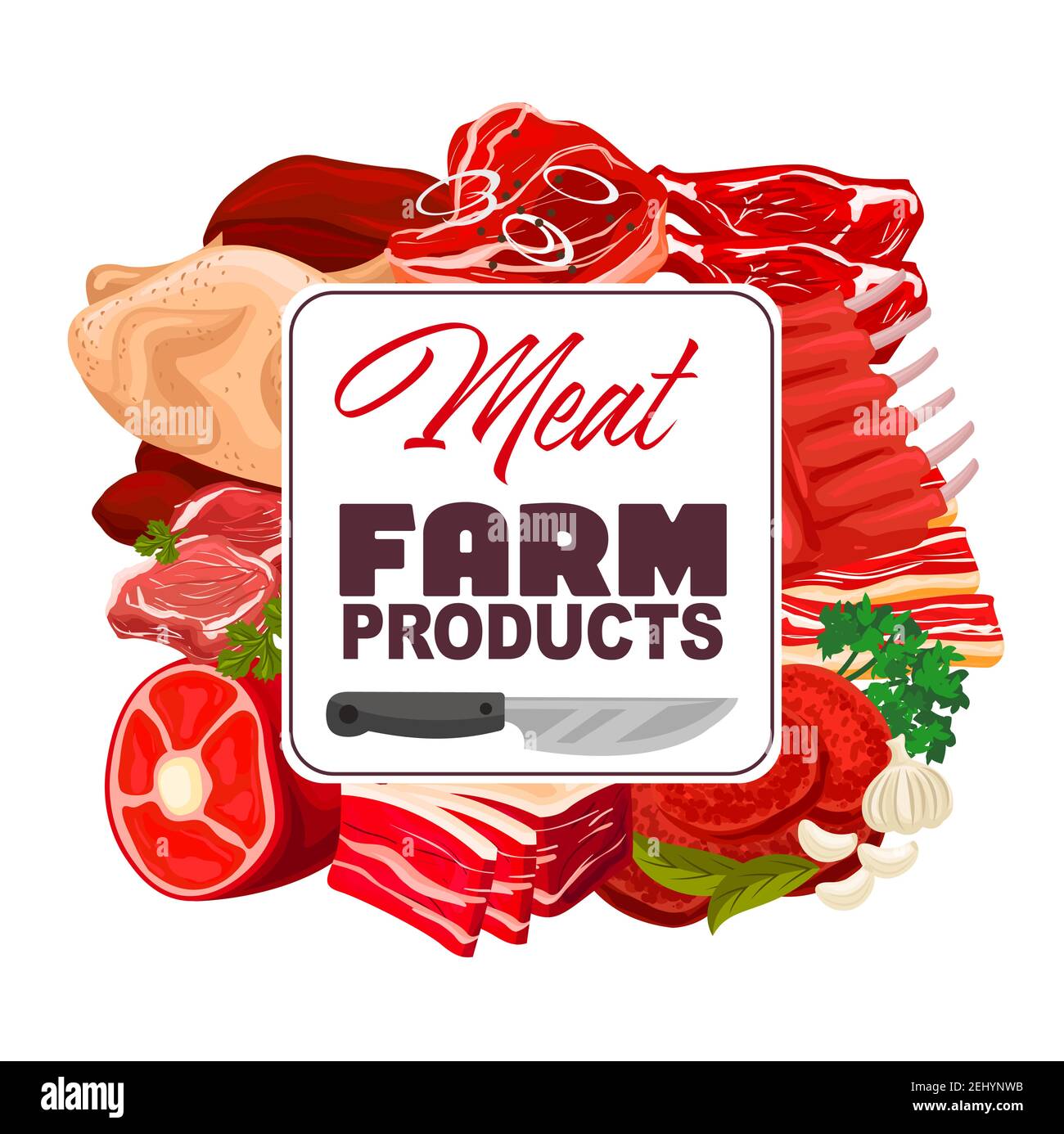 Meat, farm food products with spices and herbs vector poster. Beef steak, pork ribs roast and chicken, ham, bacon and burger patty, lamb chops, garlic Stock Vector