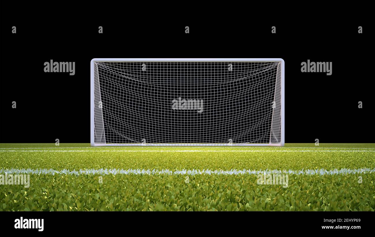 Soccer goal with lawn and black background with clipping mask included. Stock Photo
