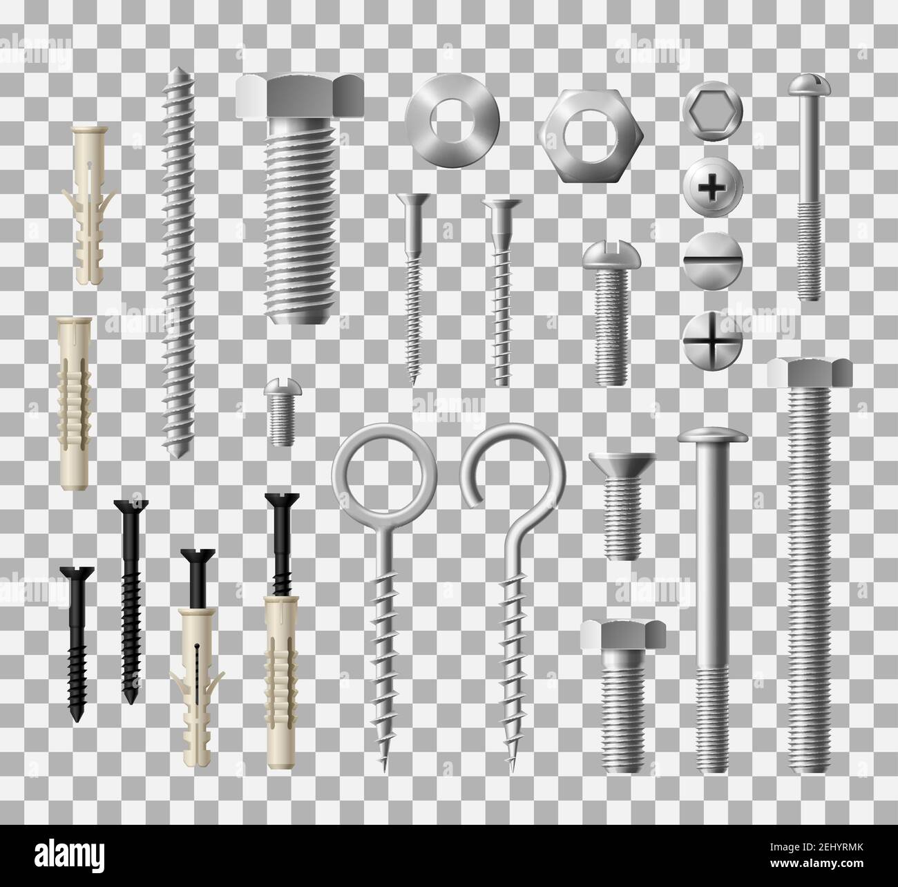 Construction fasteners and furniture screws, bolts and nuts. Vector