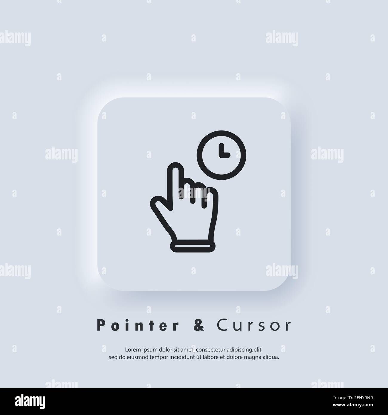 Click mouse pointer icon. Clicking finger icon, cursor. Hand pointer, clicking icons. Neumorphic UI UX white user interface web button. Neumorphism Stock Vector