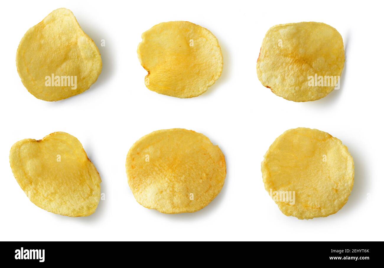 various potato chips isolated on white background, top view Stock Photo