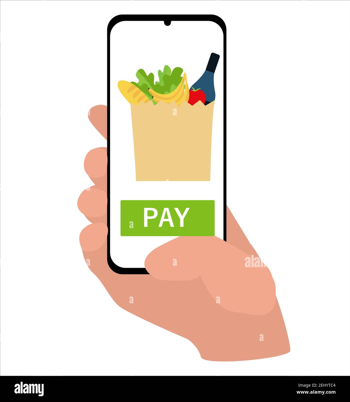 hand holds a smartphone and orders food in the application. secure contactless delivery and shopping concept. flat style Stock Vector