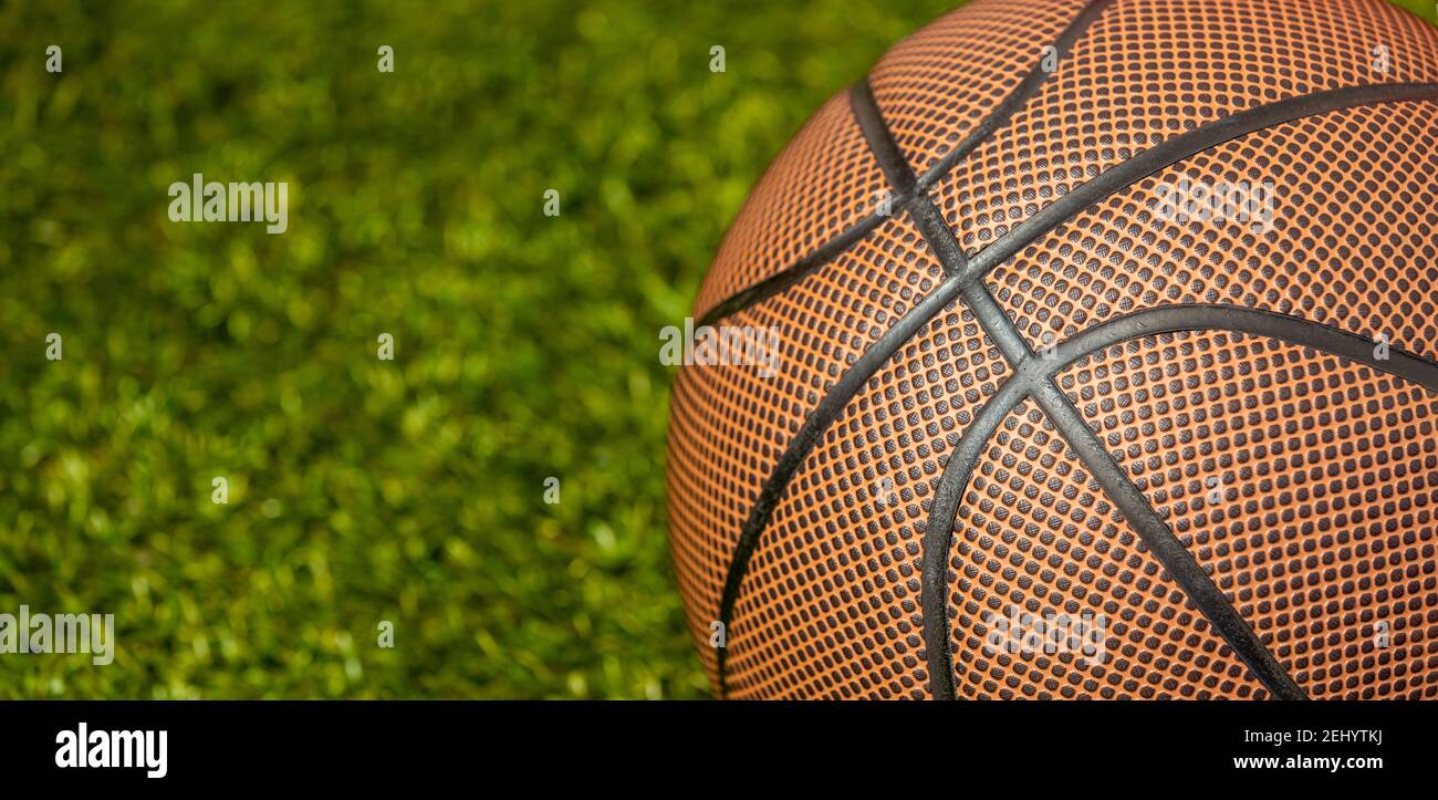 close-up of modern basketball ball on the grass, panorama Stock Photo