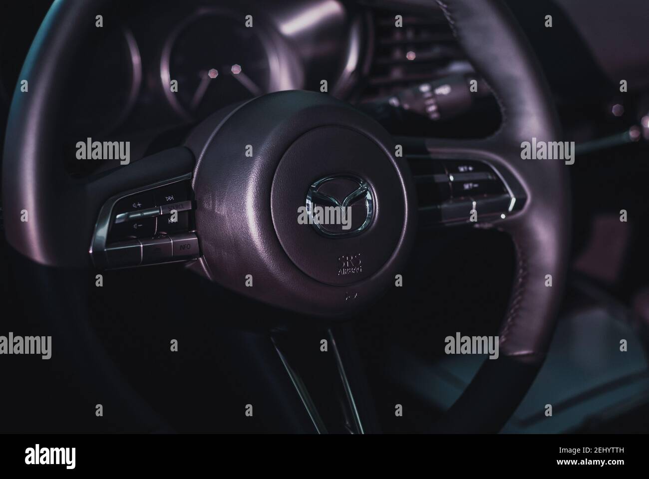 Car interior - steering wheel of Mazda CX-30, Moscow, 18 Feb 2021 Stock Photo