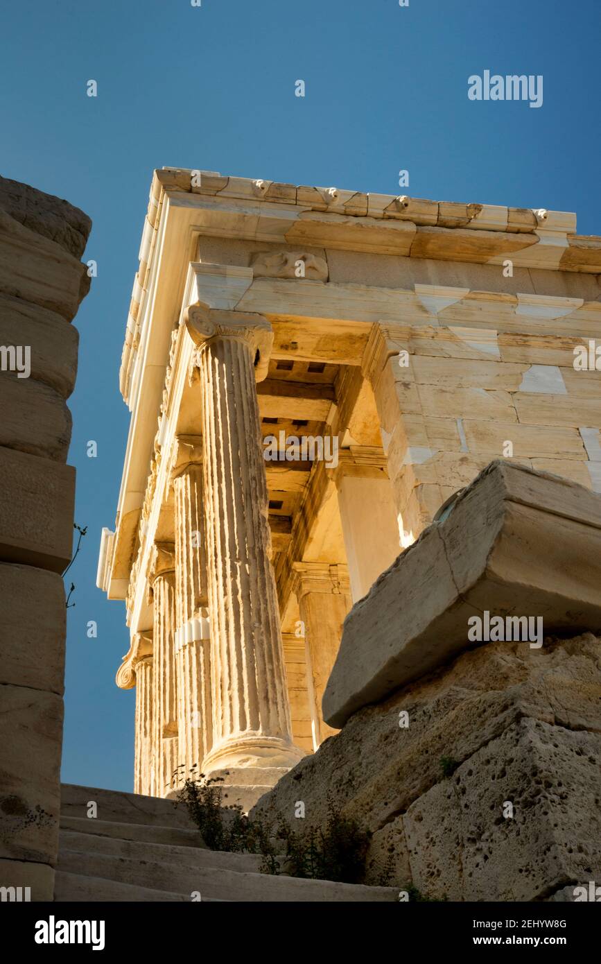 The smaller refined Ionic fluted columns of the Temple of Athena Nike on  the Acropolis in Athens, Greece Stock Photo - Alamy
