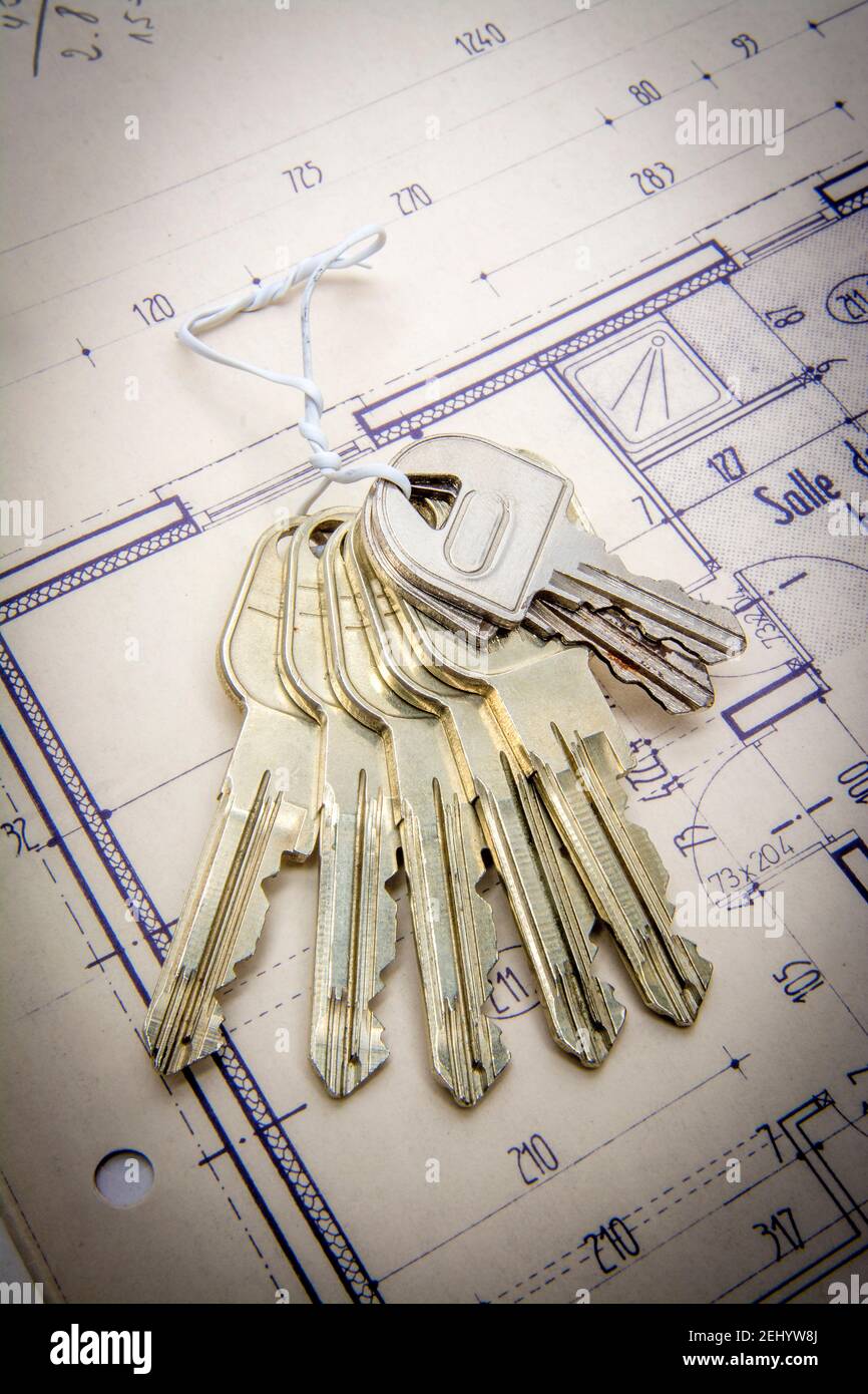 House keys on architects drawings , France Stock Photo