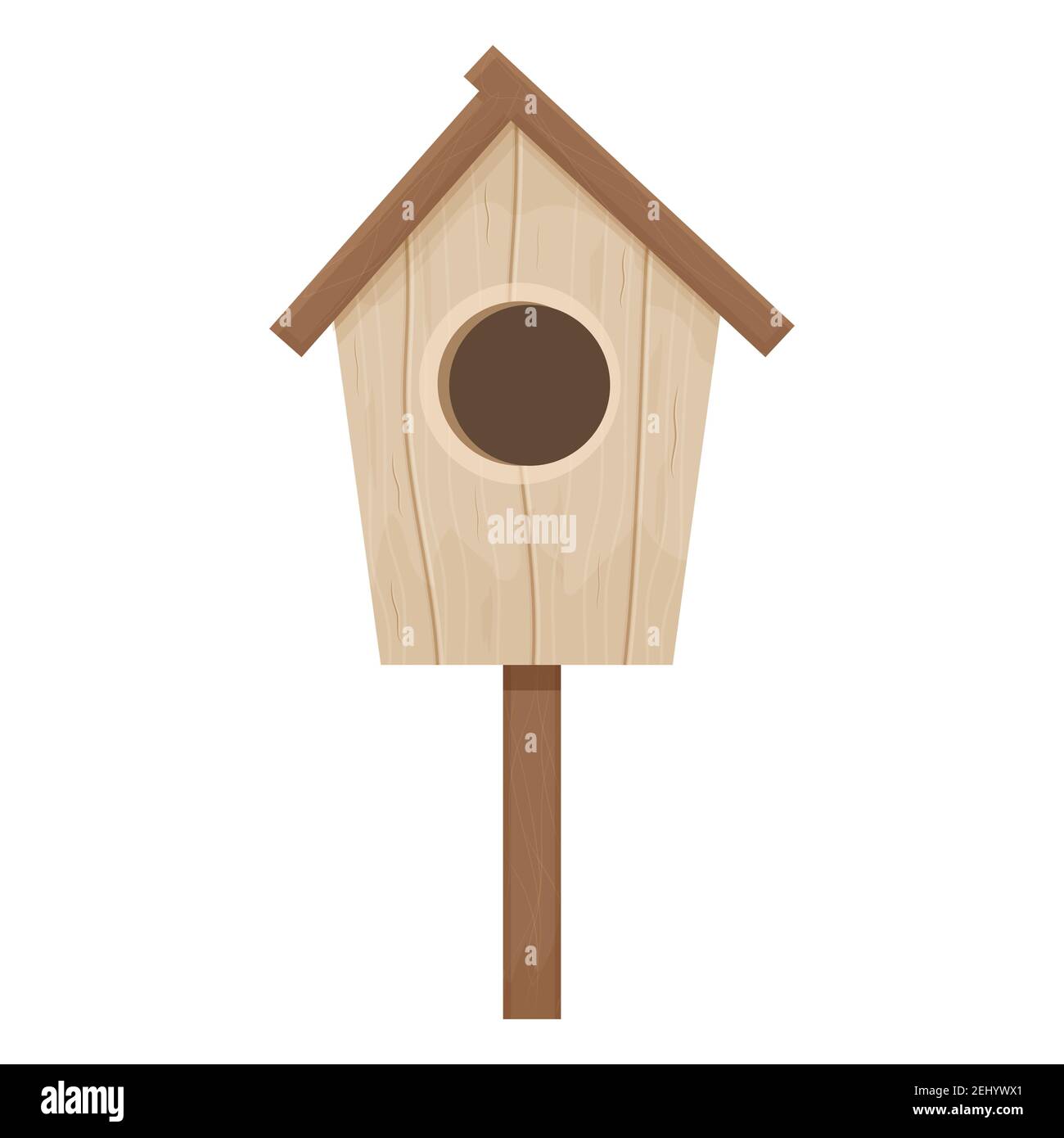 Wooden birdhouse, place for nest, empty decoration in cartoon flat style textured object isolated on white background. Springtime decoration, hanging Stock Vector