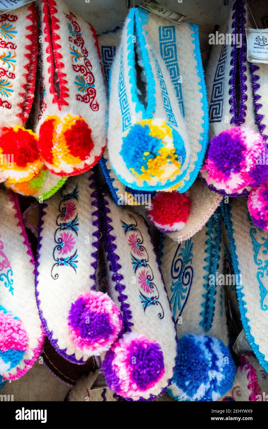 Colorful Greek natural sheep wool slippers handcrafted in Athens, Greece  Stock Photo - Alamy
