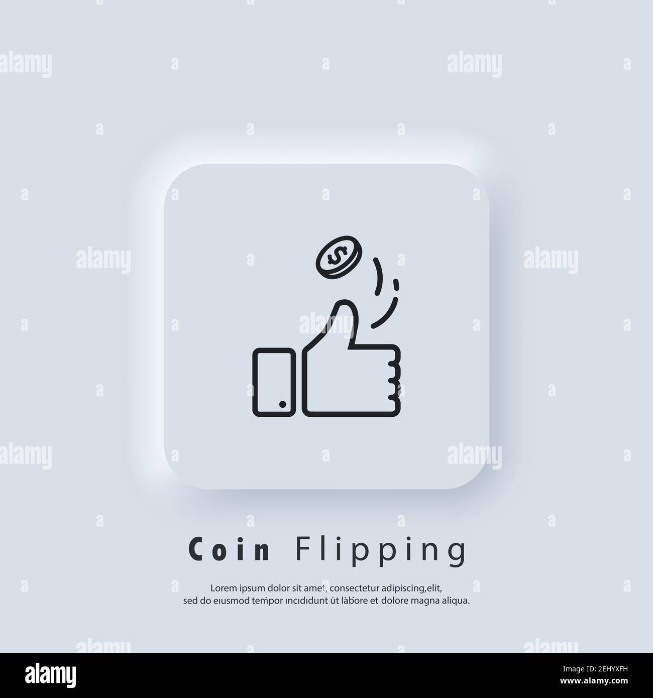 Coin flipping. Heads or tails icon. Thumb up icon. Vector EPS 10. UI icon. Neumorphic UI UX white user interface web button. Neumorphism Stock Vector