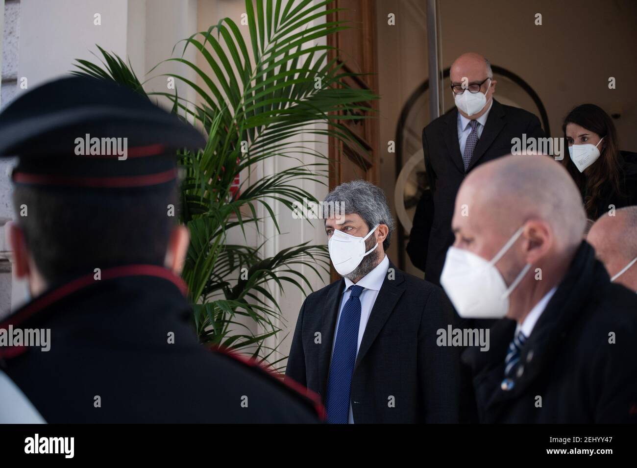 Roberto Fico (C), President of the Italian Chamber of Deputies, seen leaving the event.The National Federation of the Orders of Doctors and Dental Surgeons (FNOMCeO) celebrated the National Day of Healthcare Workers, Healthcare Members, Assistance Workers and Volunteers in Rome. The celebration is dedicated to the memory of doctors and dentists who died due to Covid-19 and it was going live at the Civic Hospital in Codogno and Berlin. Several authorities and celebrities like Maria Elisabetta Alberti Casellati, Italian Senate President; Roberto Fico, President of the Italian Chamber of Deputies Stock Photo