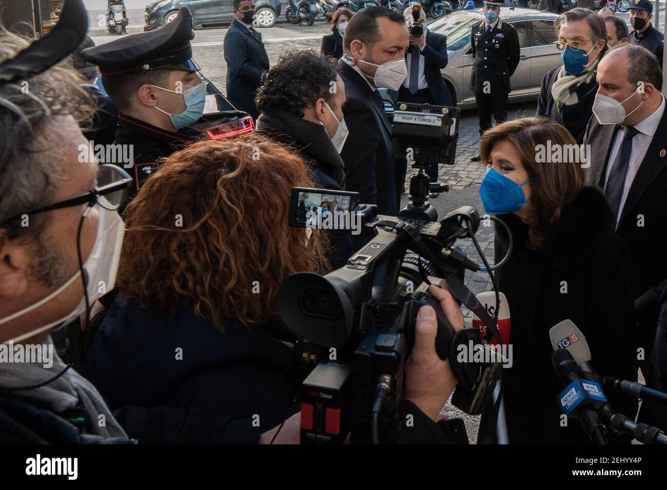 Maria Elisabetta Alberti Casellati (r), Italian Senate President speaks to the media during the event.The National Federation of the Orders of Doctors and Dental Surgeons (FNOMCeO) celebrated the National Day of Healthcare Workers, Healthcare Members, Assistance Workers and Volunteers in Rome. The celebration is dedicated to the memory of doctors and dentists who died due to Covid-19 and it was going live at the Civic Hospital in Codogno and Berlin. Several authorities and celebrities like Maria Elisabetta Alberti Casellati, Italian Senate President; Roberto Fico, President of the Italian Cham Stock Photo