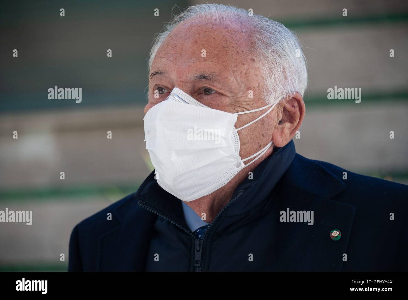 Giulio Rapetti Mogol, President of the The Italian Society of Authors and Publishers (SIAE) speaks to the media during the event.The National Federation of the Orders of Doctors and Dental Surgeons (FNOMCeO) celebrated the National Day of Healthcare Workers, Healthcare Members, Assistance Workers and Volunteers in Rome. The celebration is dedicated to the memory of doctors and dentists who died due to Covid-19 and it was going live at the Civic Hospital in Codogno and Berlin. Several authorities and celebrities like Maria Elisabetta Alberti Casellati, Italian Senate President; Roberto Fico, Pr Stock Photo