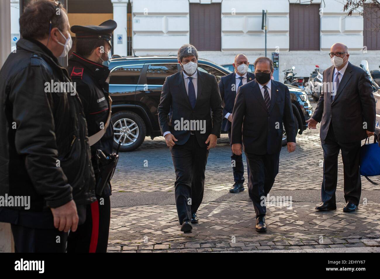 Roberto Fico (c), President of the Italian Chamber of Deputies arrives at the event.The National Federation of the Orders of Doctors and Dental Surgeons (FNOMCeO) celebrated the National Day of Healthcare Workers, Healthcare Members, Assistance Workers and Volunteers in Rome. The celebration is dedicated to the memory of doctors and dentists who died due to Covid-19 and it was going live at the Civic Hospital in Codogno and Berlin. Several authorities and celebrities like Maria Elisabetta Alberti Casellati, Italian Senate President; Roberto Fico, President of the Italian Chamber of Deputies an Stock Photo