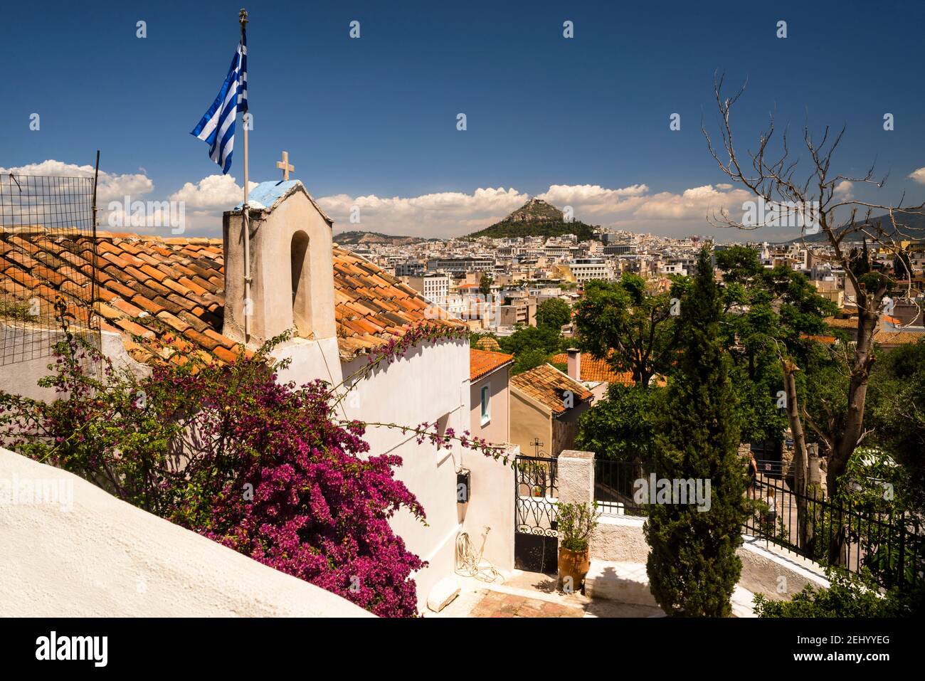 Cycladic Church Saint George in the Athens neighborhood of Anafiotika in Greece. Stock Photo