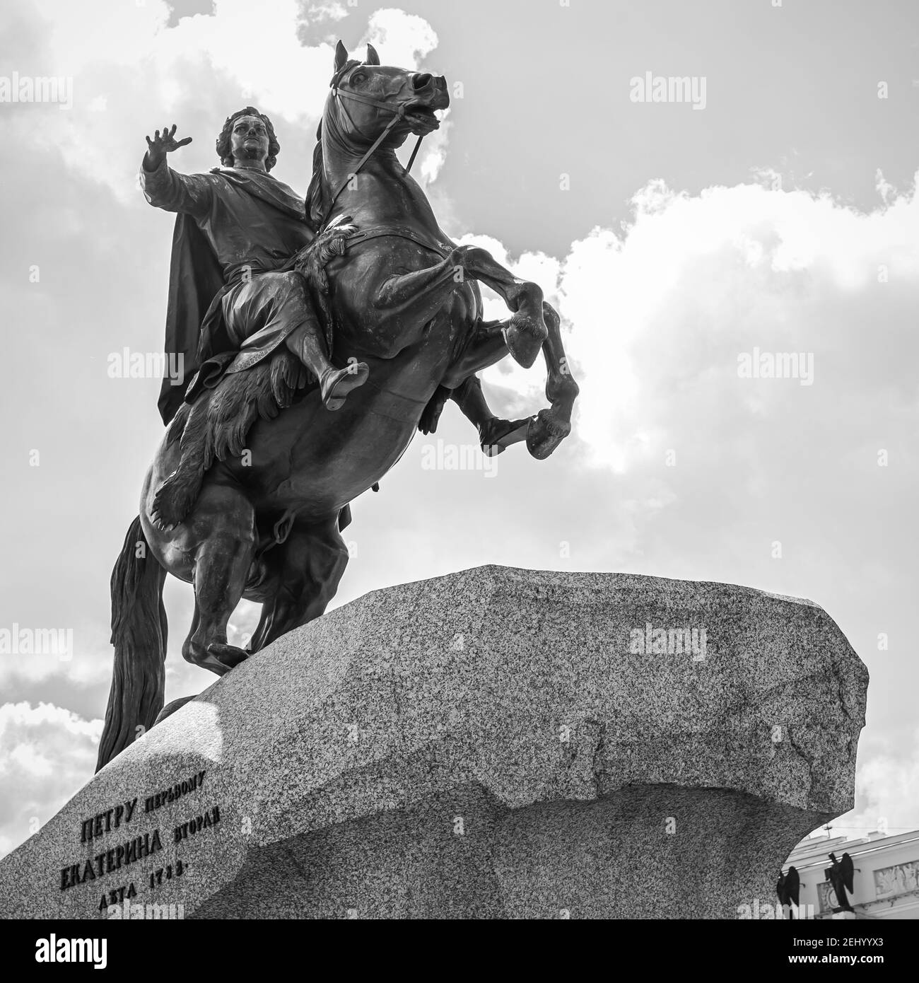 The Bronze Horseman - Equestrian statue of Peter the Great in the Senate Square in Saint Petersburg, Russia. Landmark and a symbol of the city. Black Stock Photo