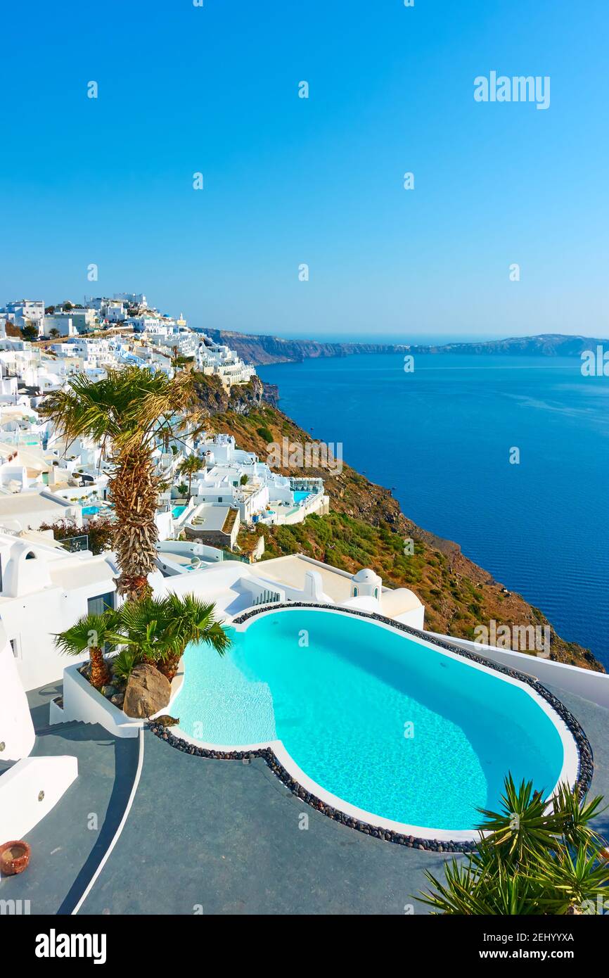 View of seside of Santorini island, Fira town, Greece. Greek resort, lanscape Stock Photo