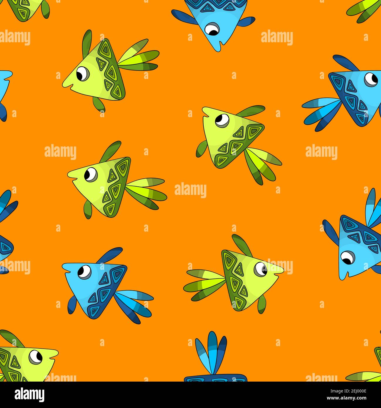 Seamless pattern with cute fish on orange background. Vector cartoon ...