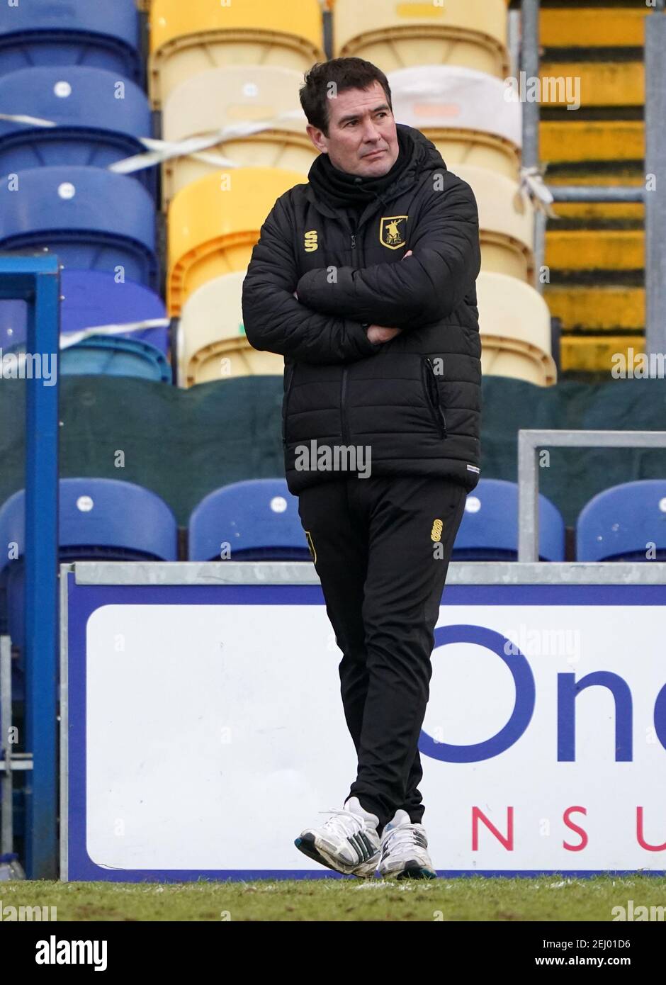 Mansfield Town manager Nigel Clough during the Sky Bet League Two match at the One Call Stadium, Mansfield. Picture date: Saturday February 20, 2021. Stock Photo