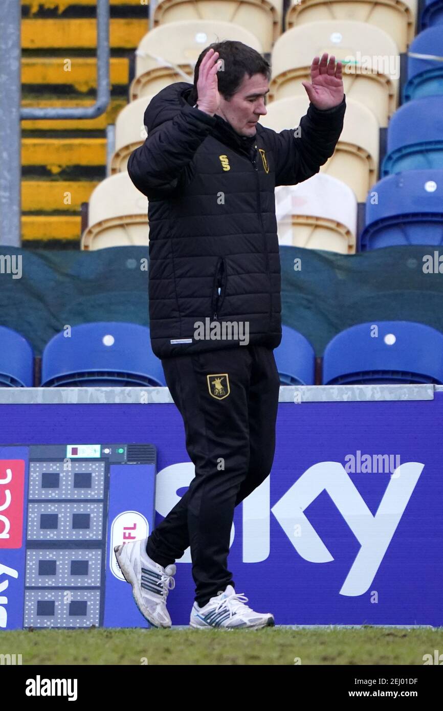 Mansfield Town manager Nigel Clough looks dejected during the Sky Bet League Two match at the One Call Stadium, Mansfield. Picture date: Saturday February 20, 2021. Stock Photo