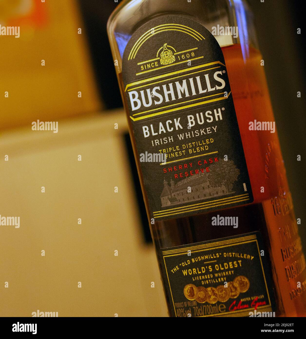 CHISINAU, MOLDOCA - FEBRUARY 19, 2021: Bottle of Bushmills Original Irish whiskey, a product of Old Bushmills Distillery founded in 1608, today owned by Stock Photo