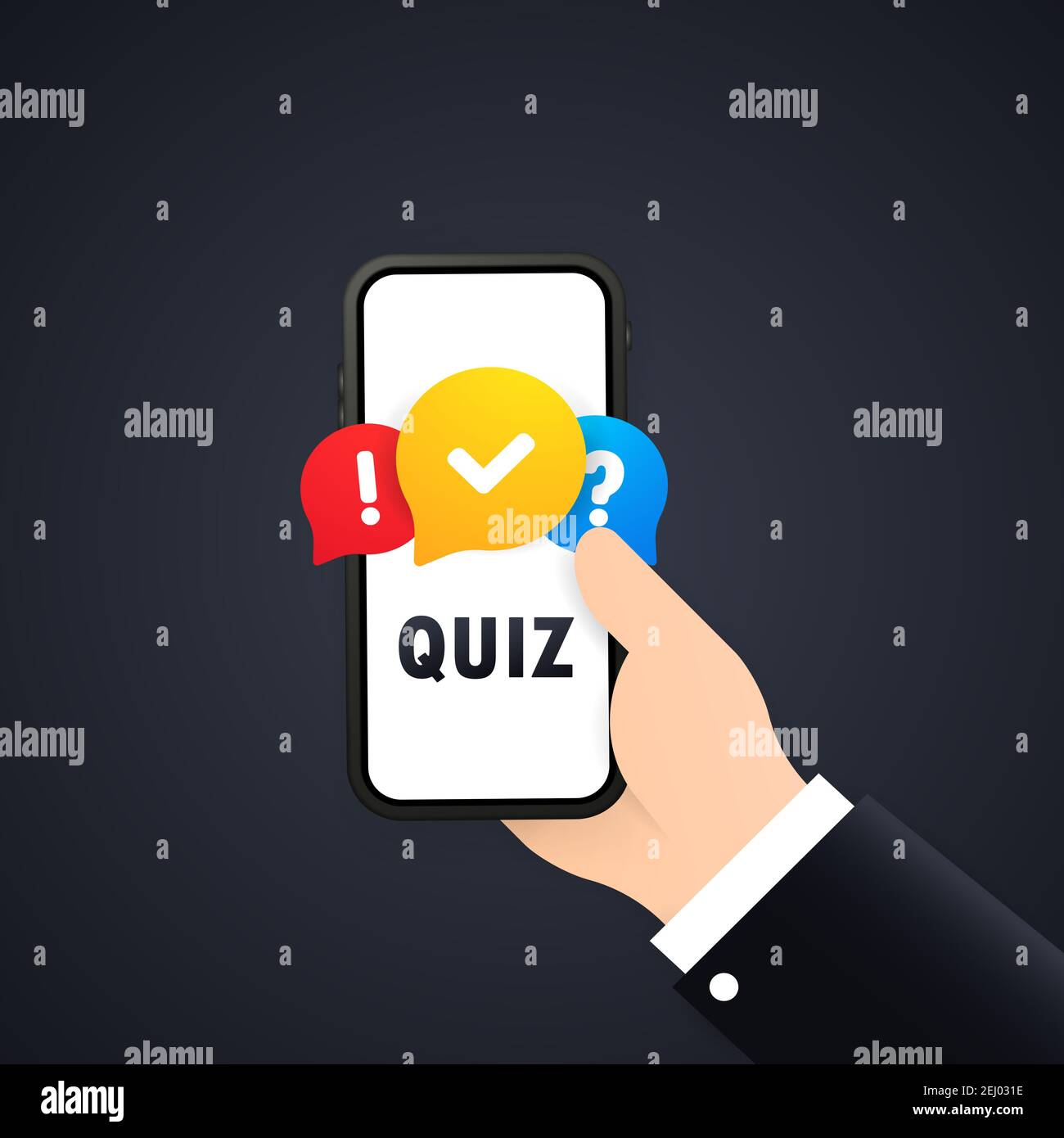 Quiz banner. Hand holding phone with message box with question mark icon. Vector on isolated white background. EPS 10 Stock Vector