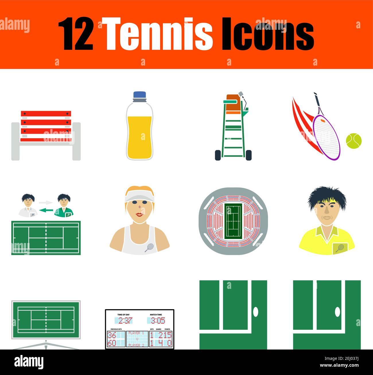 Tennis Icon Set. Flat Design. Fully editable vector illustration. Text expanded. Stock Vector