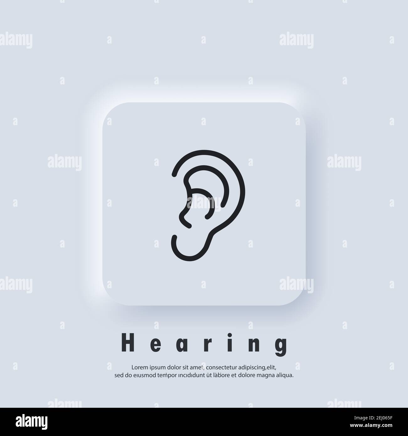Ear icon. Hearing logo. Ear, hearing symbol. Vector. UI icon. Neumorphic UI UX white user interface web button. Neumorphism Stock Vector