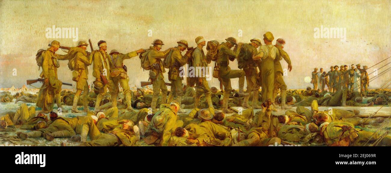 John Singer Sargent's painting from the first world war entitled Gassed. The aftermath of a gas attack with soldiers being led across the battlefield. Stock Photo