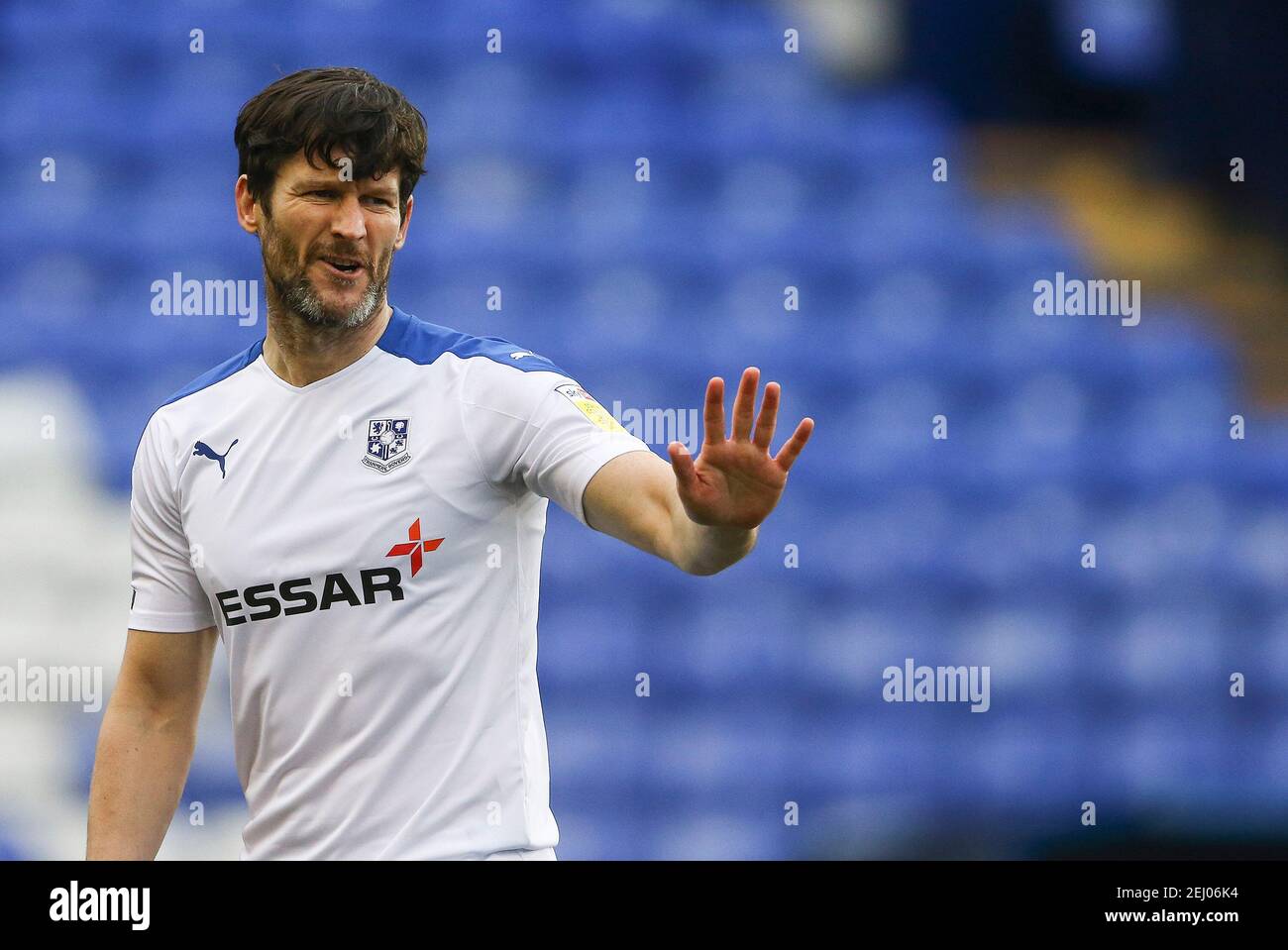 Birkenhead, UK. 20th Feb, 2021. David Nugent of Tranmere Rovers looks on. EFL Skybet Football league two match, Tranmere Rovers v Oldham Athletic at Prenton Park, Birkenhead, Wirral on Saturday 20th February 2021. this image may only be used for Editorial purposes. Editorial use only, license required for commercial use. No use in betting, games or a single club/league/player publications.pic by Chris Stading/Andrew Orchard sports photography/Alamy Live News Credit: Andrew Orchard sports photography/Alamy Live News Stock Photo