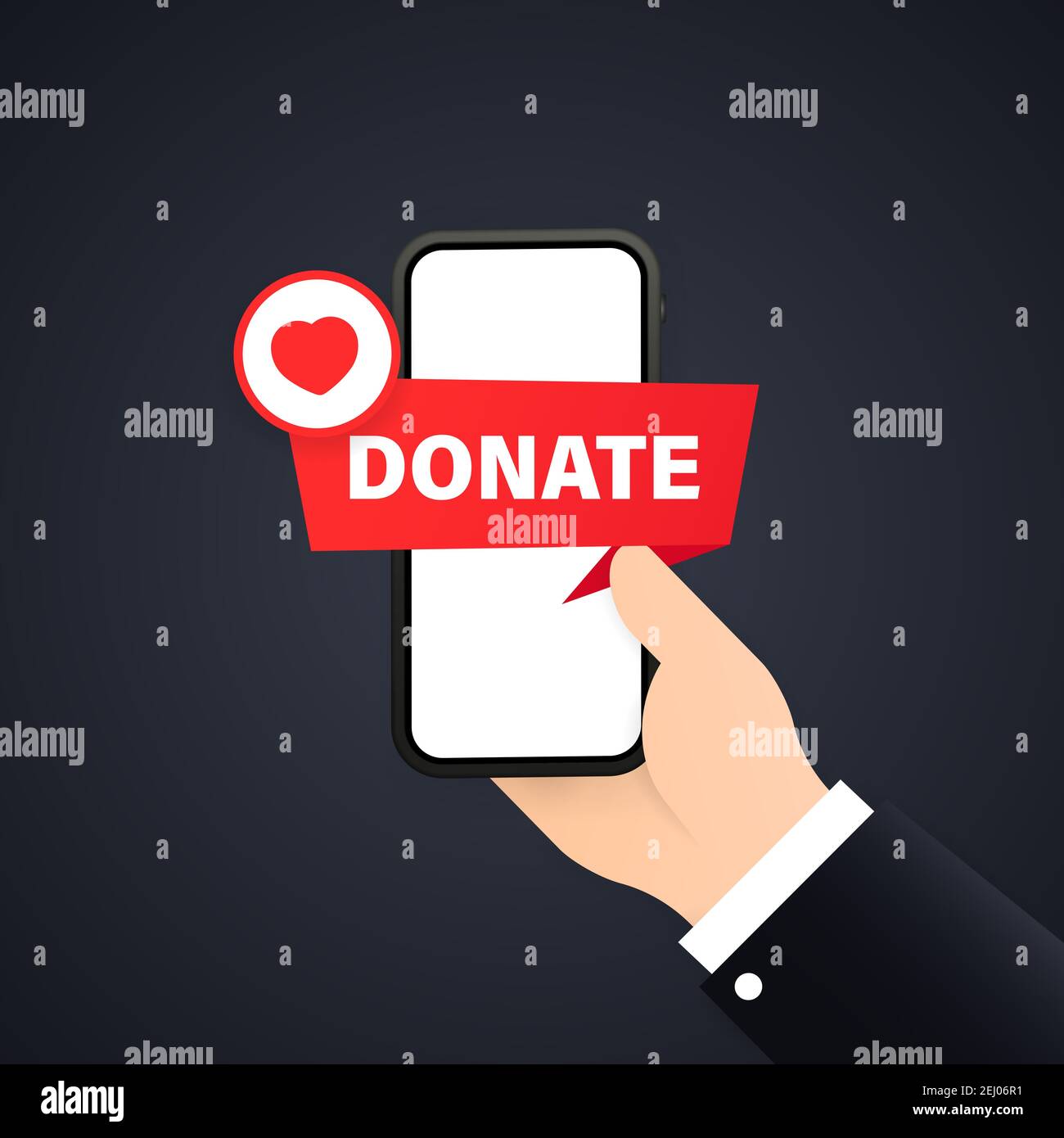 Donating money by online payments consept. Mobile application for Donations for the recovery. Hand with money on the phone screen. Button Donate. Mode Stock Vector