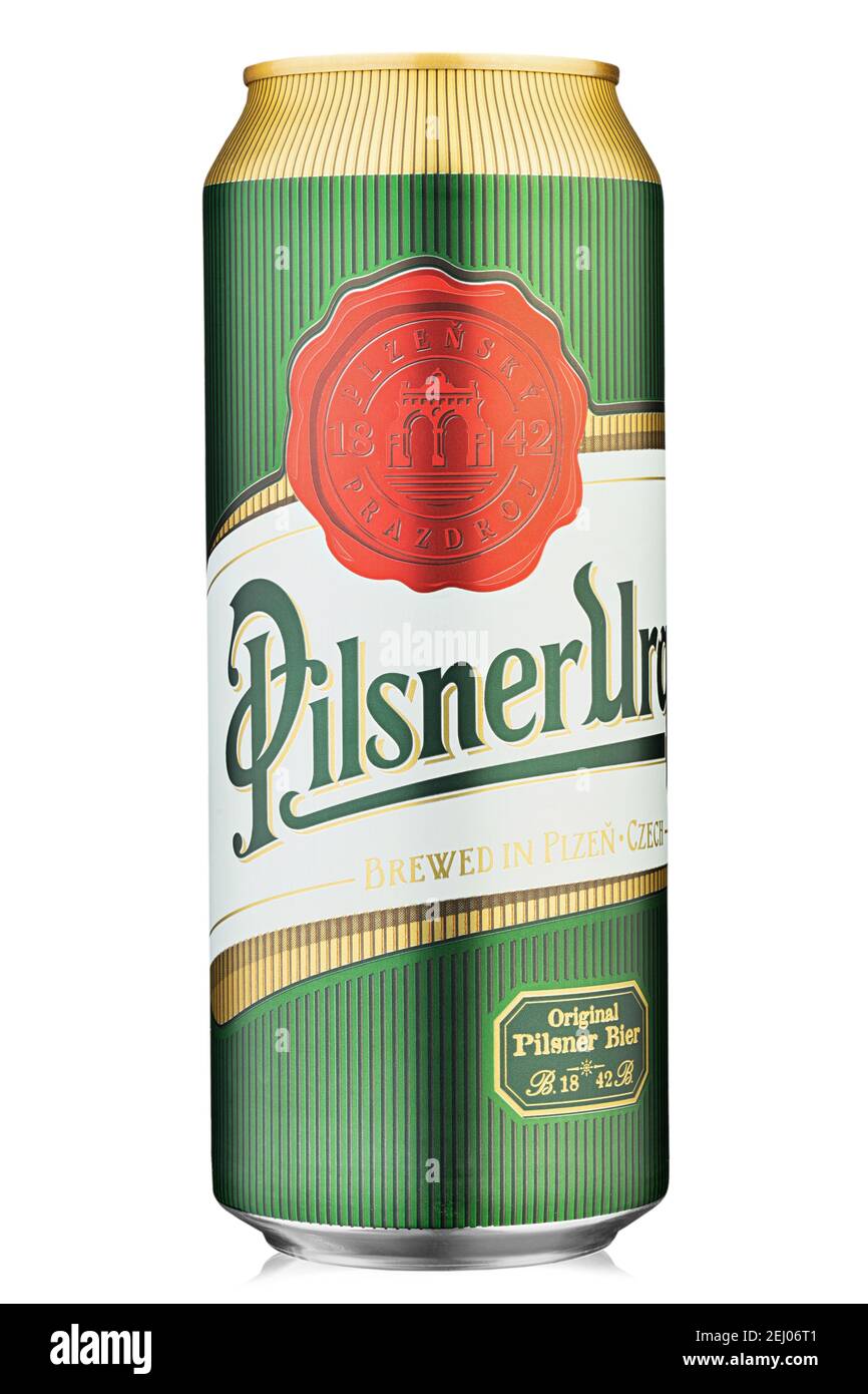 KYIV, UKRAINE - February 08, 2021: Can of Pilsner Urquell beer isolated on white. Produced since 1842 in Pilsen, Czech Republic. Insulated packaging f Stock Photo