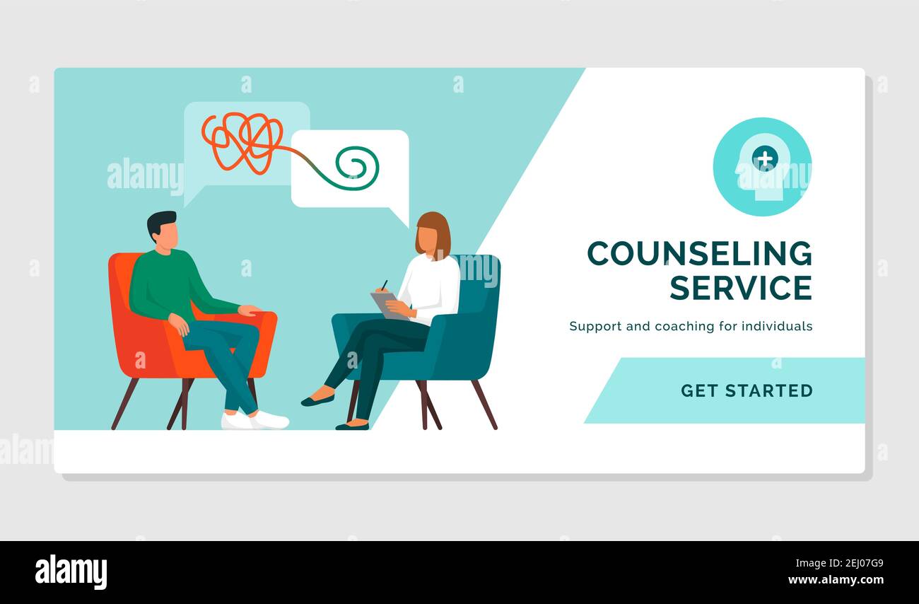 Patient meeting a counselor and talking together, mental health and support concept Stock Vector