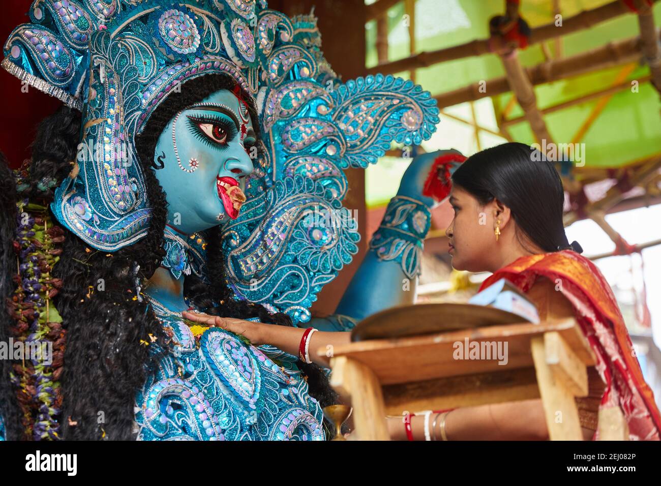 A worshipper honours the Hindu deity Kali with an offering of meat