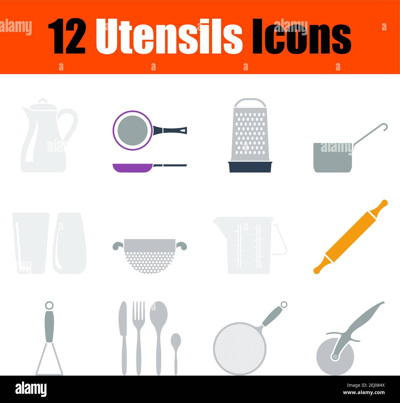 Utensils Icon Set. Flat Design. Fully editable vector illustration. Text expanded. Stock Vector