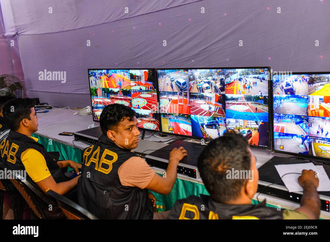 RAB officials are monitoring CCTV footage of Central Shaheed Minar in the capital as part of stepped-up security measures ahead of International Mother Language Day and Shaheed Dibosh in Dhaka, Bangladesh on February 20, 2021. Stock Photo