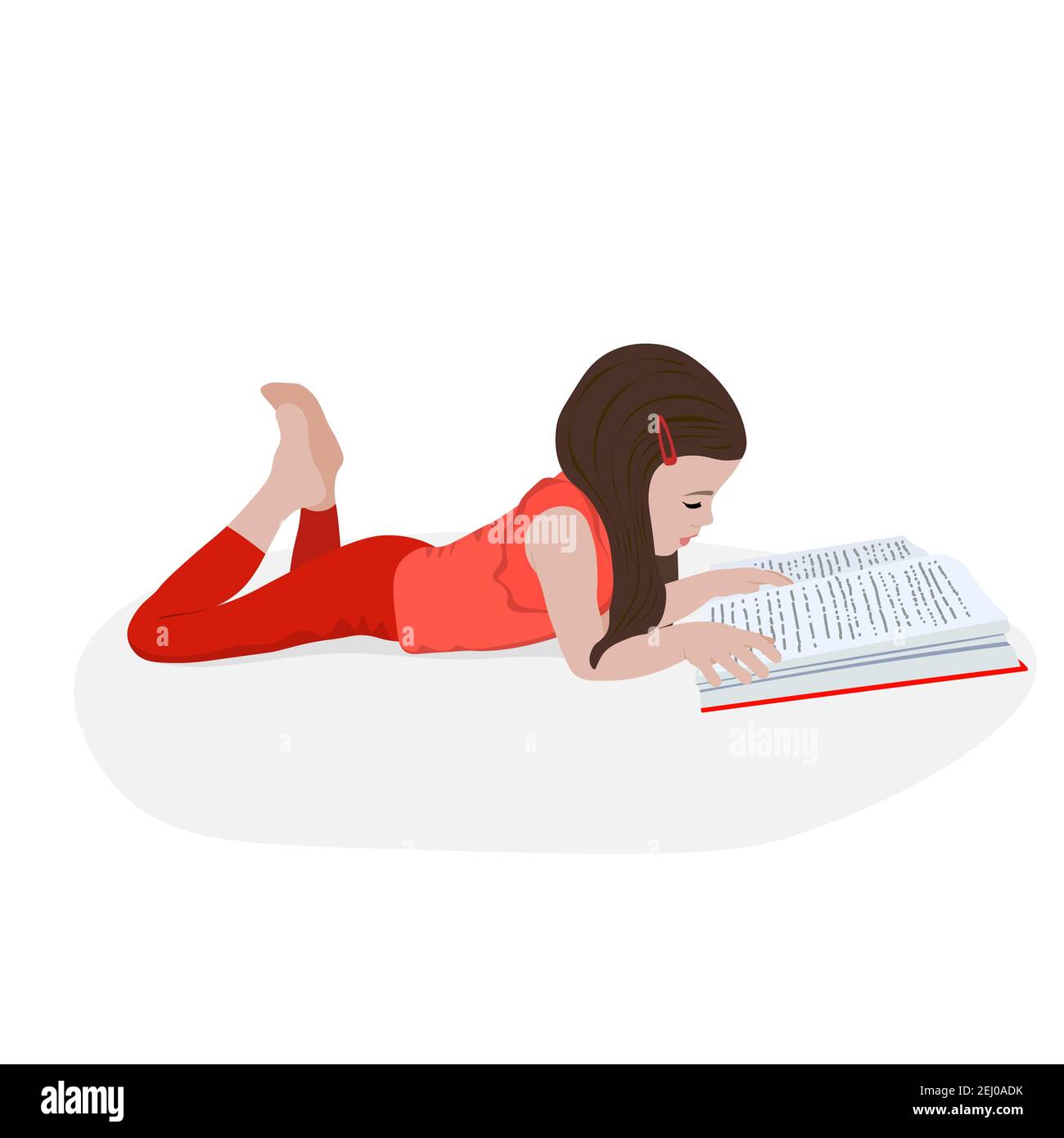 Little girl reads a book and is lying. Distance learning. Home education. School girl girl doing homework. Child with a book in her hands Stock Vector