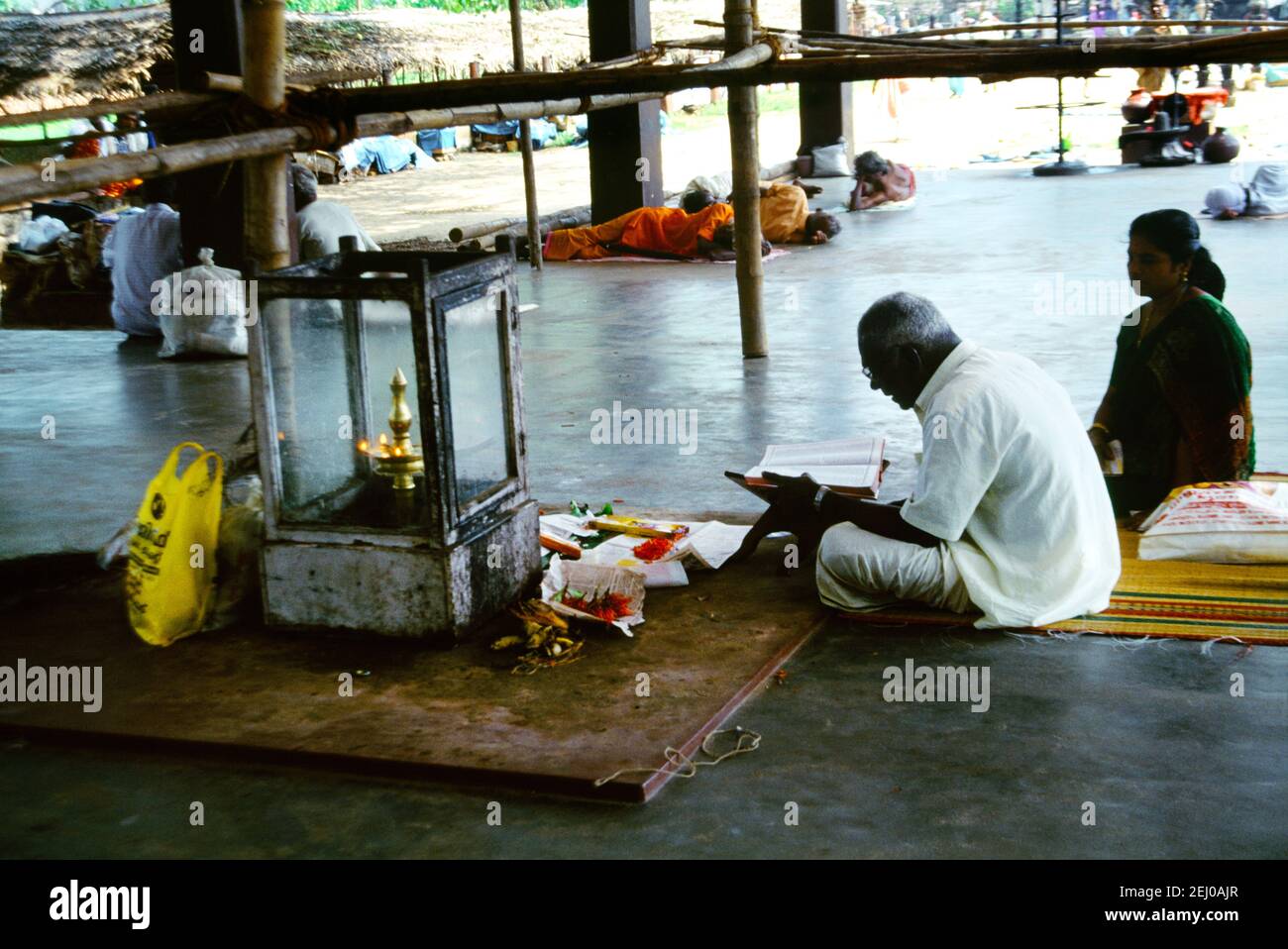 Kerala India Shiva Temple Brahmin Priest Reading Holy Book Stock Photo