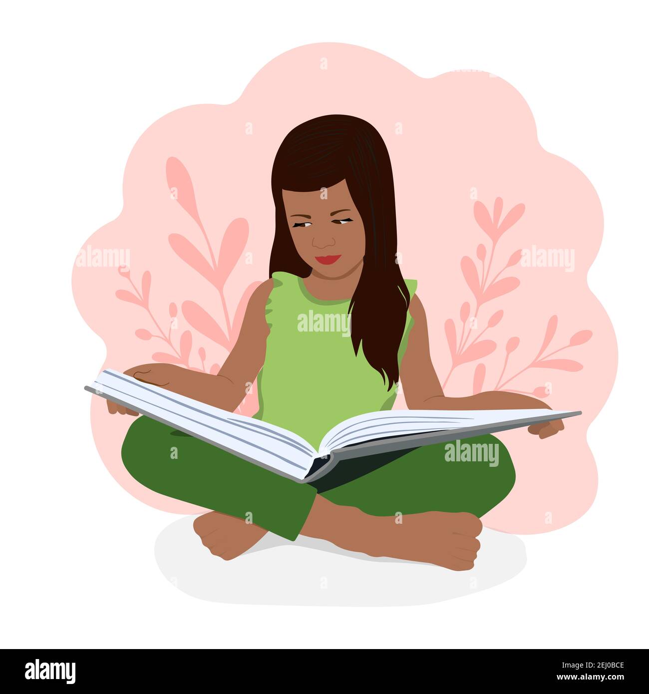 Little girl is reading a book while sitting. Distance learning. Home education. School girl girl doing homework. Child with a book in her hands Stock Vector