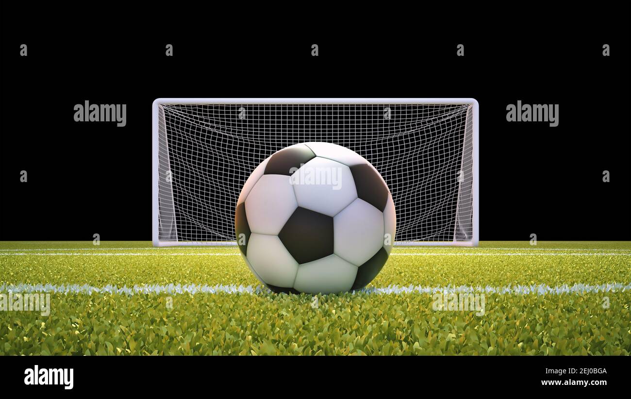 Soccer ball and goal net with lawn and black background with clipping mask included. Stock Photo