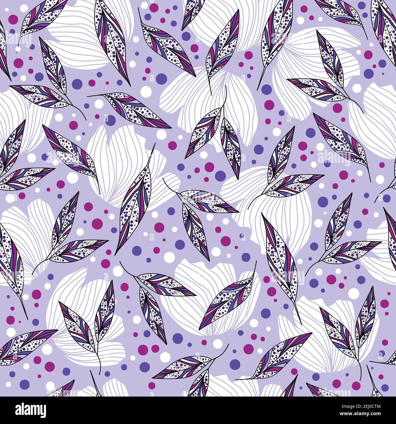 Abstract floral pattern design with flowers, leaves and dots on a light purple background Stock Vector