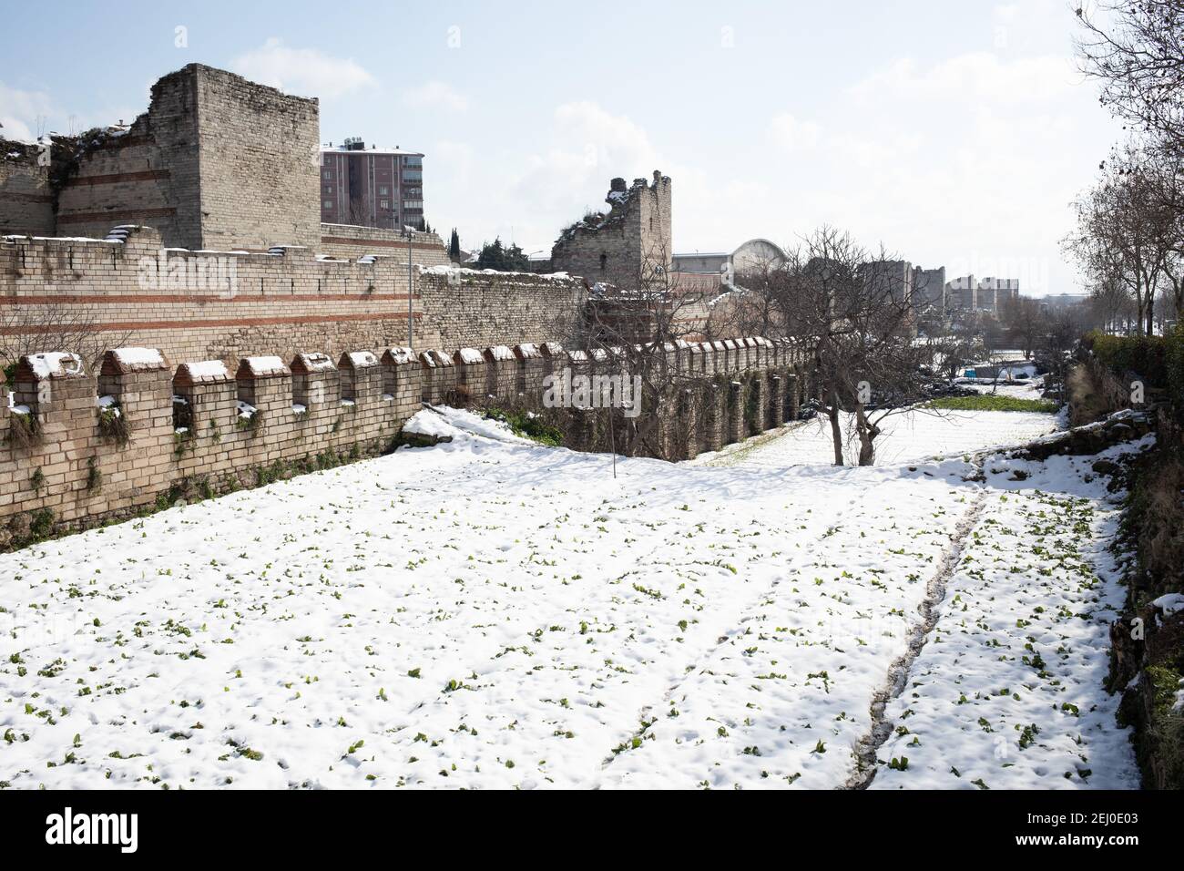Historical Yedikule urban vegetable gardens under the snow near old