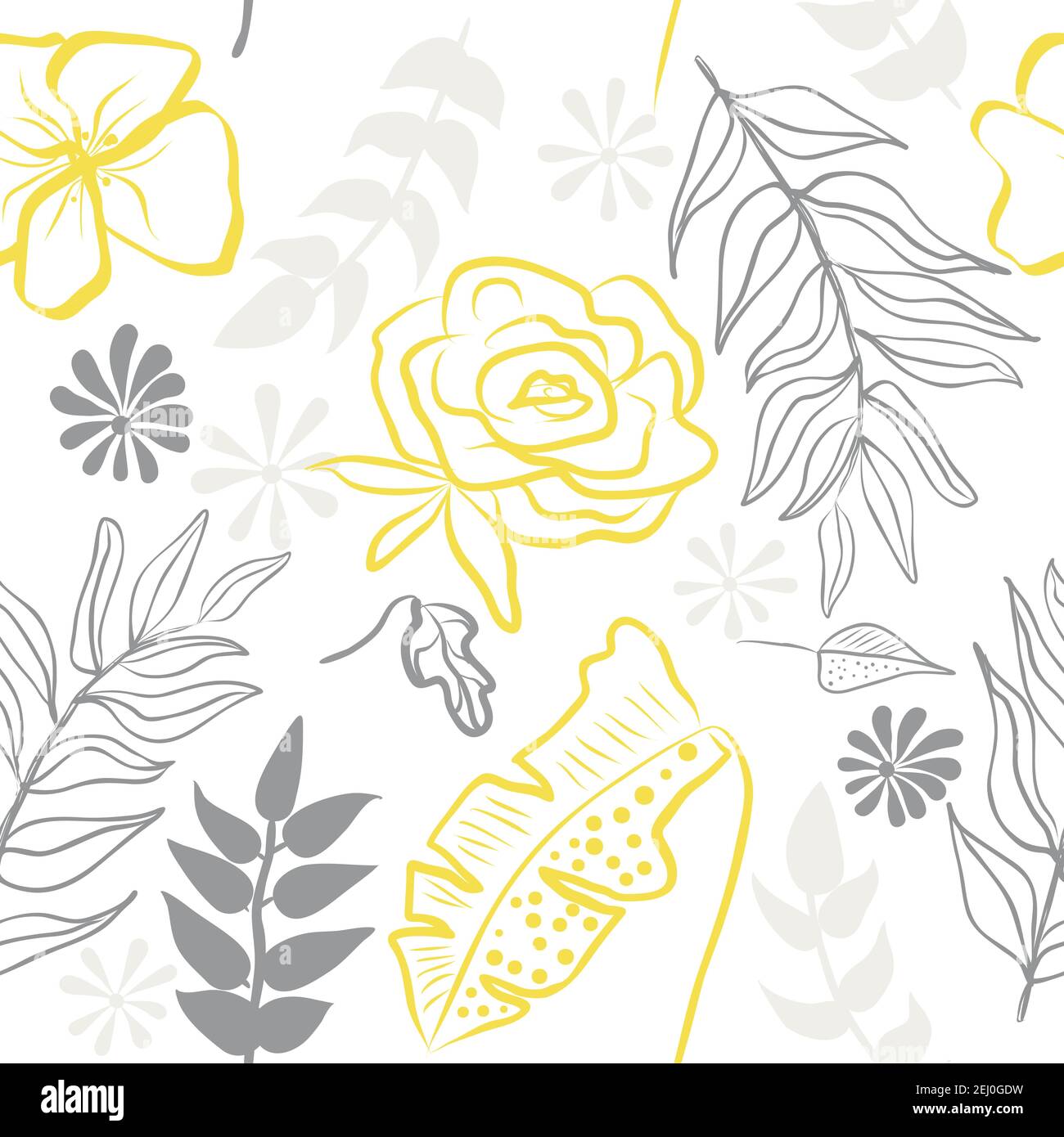 Seamless pattern of ultimate gray hand draw tropical leaves of palm tree and illuminating yellow flowers. Botany light vector background, jungle  wall Stock Vector